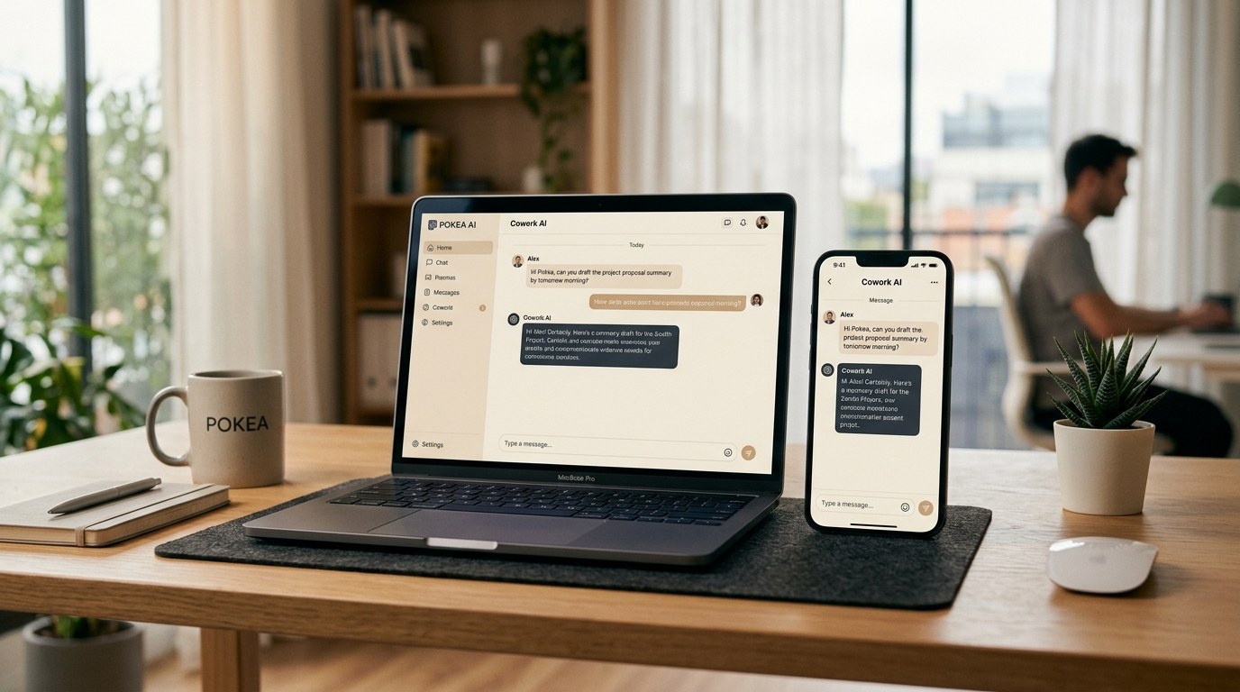 Interface Cowork AI affichée sur un ordinateur portable et un smartphone, posés sur un bureau